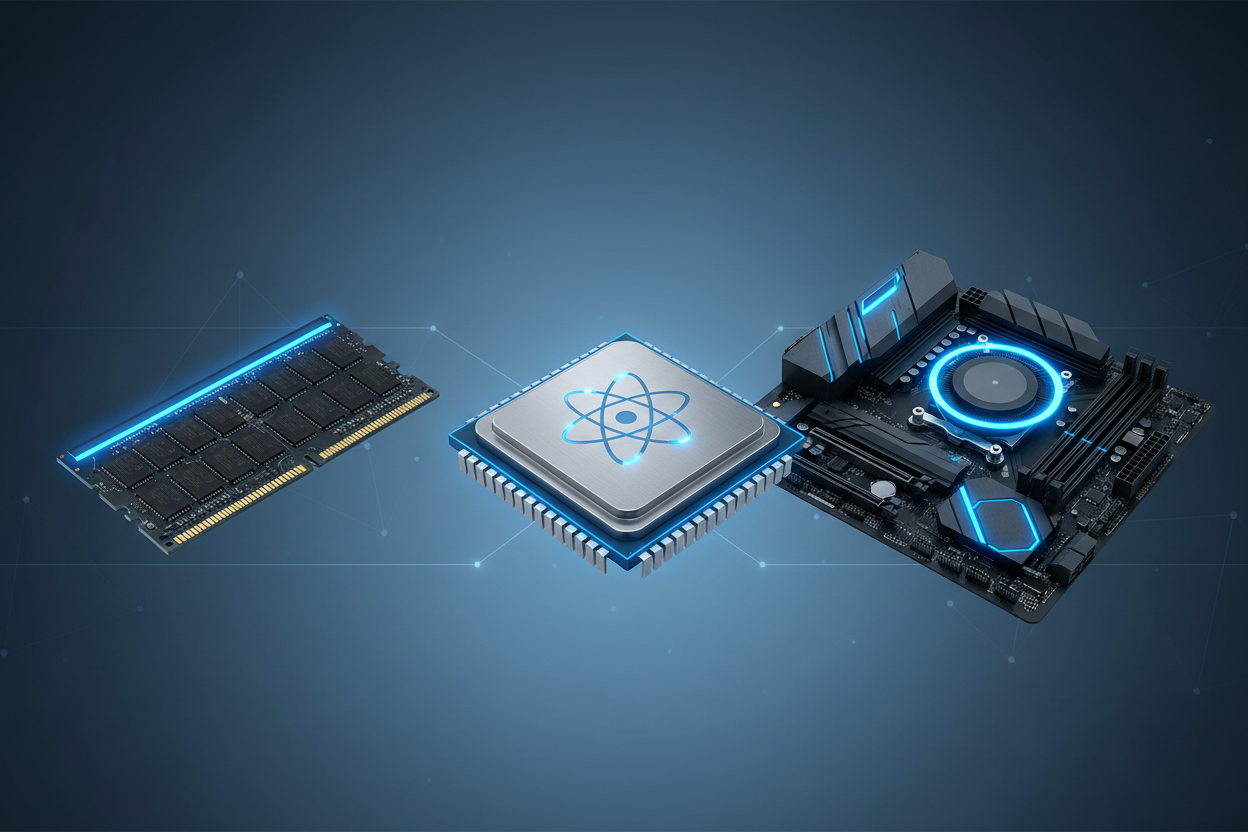 **Prompt:**  
"Create a high-resolution image suitable for a website homepage that visually showcases essential computer components. The image should prominently feature a RAM memory module, a CPU, and a motherboard with clear ventilation systems. The design should be modern and sleek, utilizing a professional color palette that conveys a sense of technology and innovation. Ensure that each component is clearly visible and identifiable, with a balanced composition that draws the viewer's eye. The background